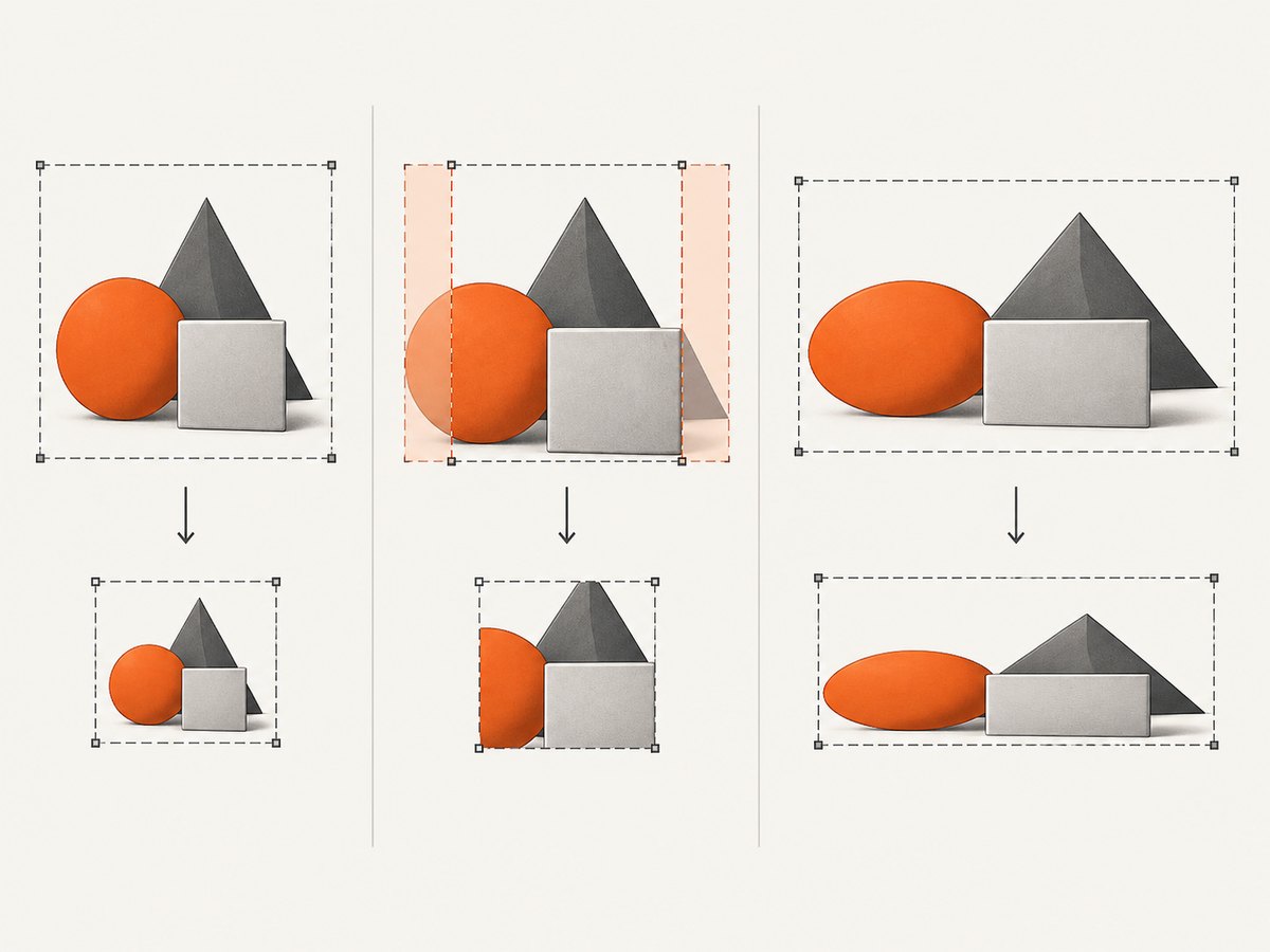 Resize preserves content, crop removes edges, and unlocked scaling can distort shapes.
