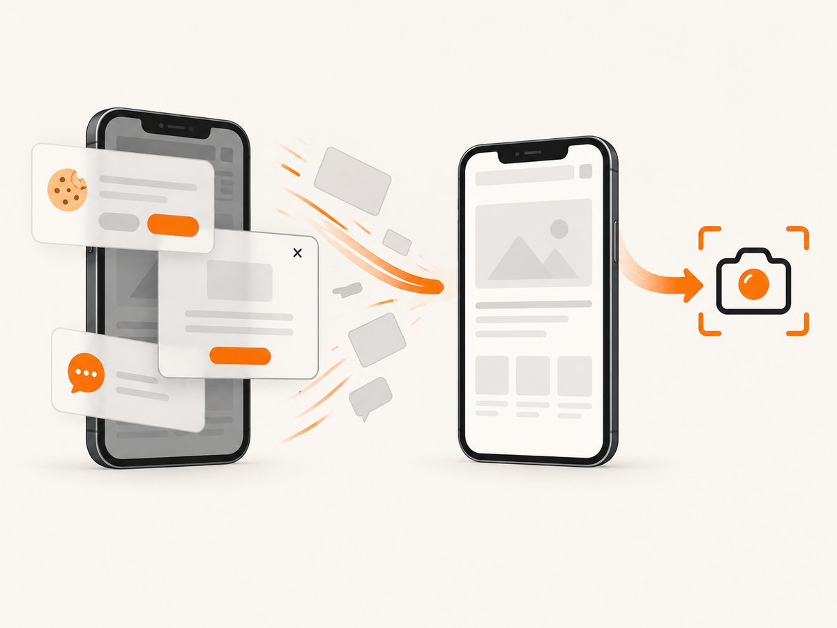 ScreenshotNeo removes common consent banners, popups, and chat widgets before capturing a page.