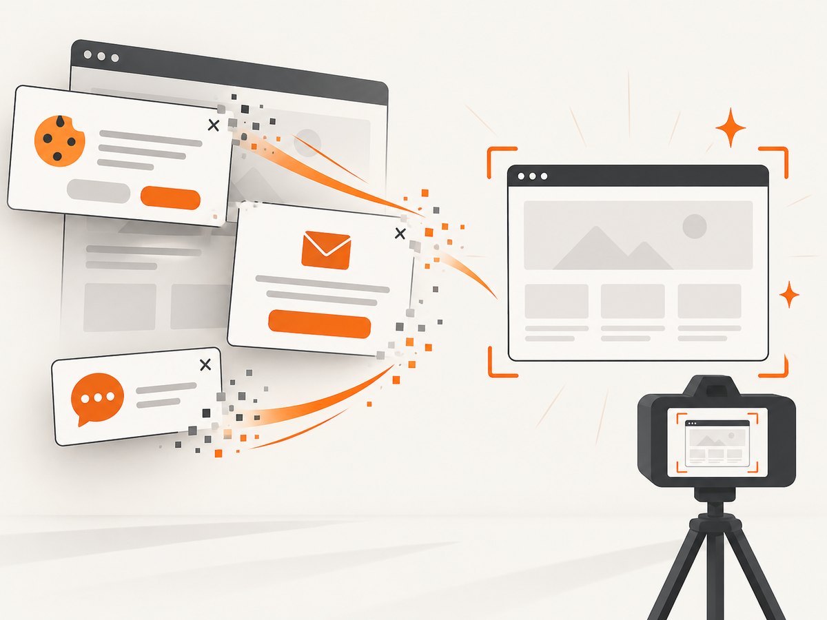 ScreenshotNeo clears common consent and overlay elements before capture.