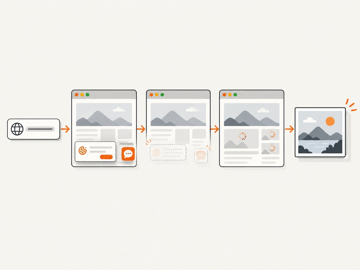 A screenshot workflow has distinct stages: navigation, readiness, cleanup, and capture.