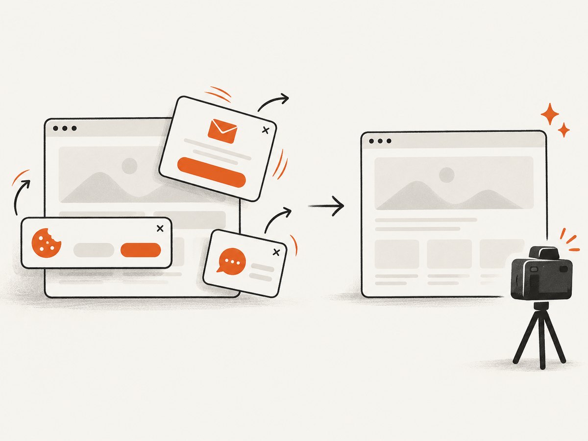 Consent overlays and distracting widgets can be removed before capture.