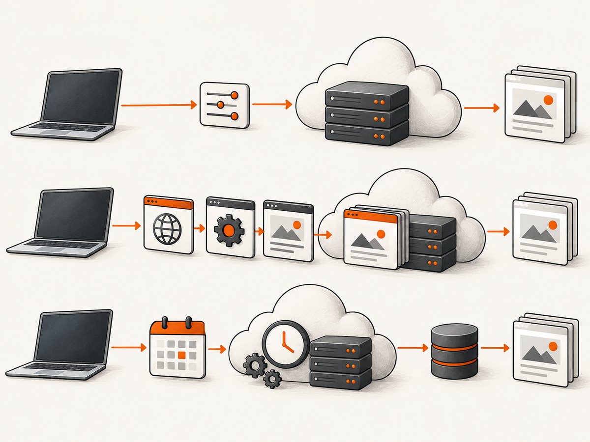 Cloud scraping commonly uses a request API, a controlled browser, or a job platform.