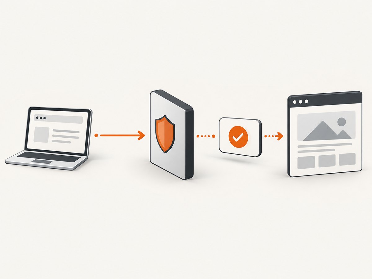 A security check temporarily holds a browser request before allowing it through to the destination site.
