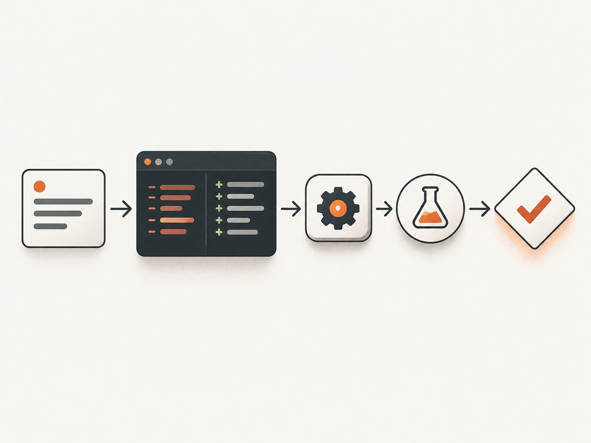 A dependable coding workflow moves from a precise request through a small diff and automated checks.