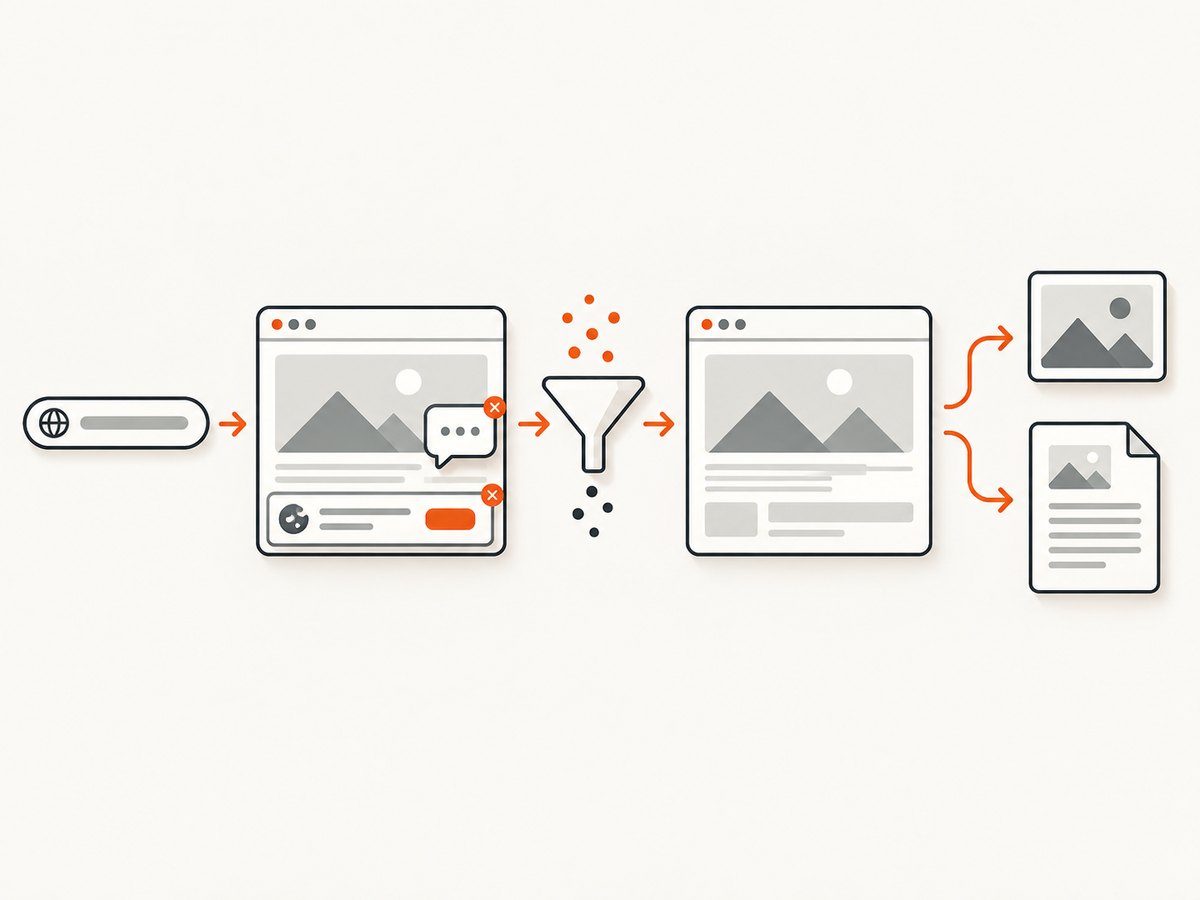 A screenshot service can clean transient page elements before returning an image or PDF.