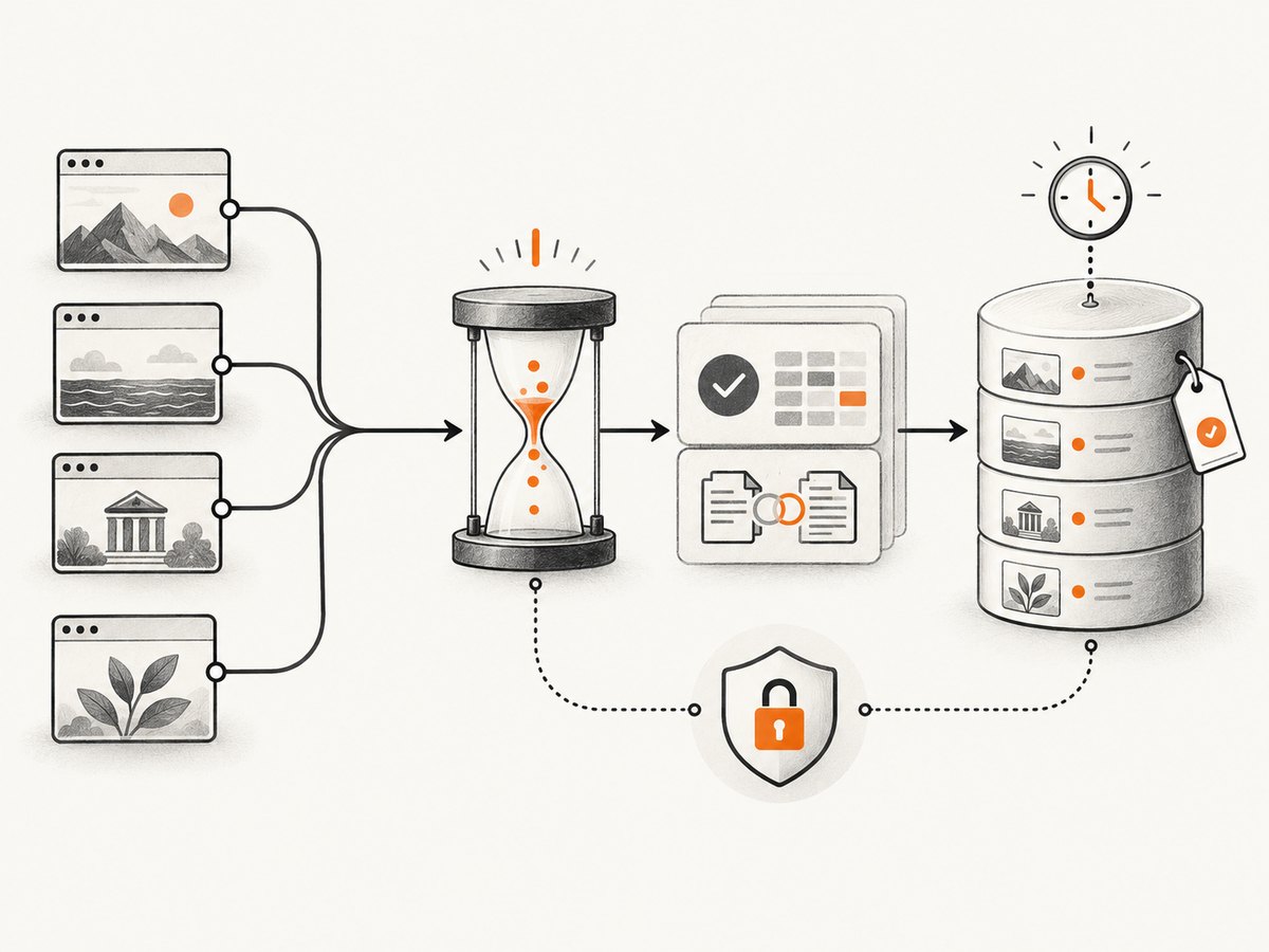 A controlled pipeline separates source selection, collection, validation, and storage.