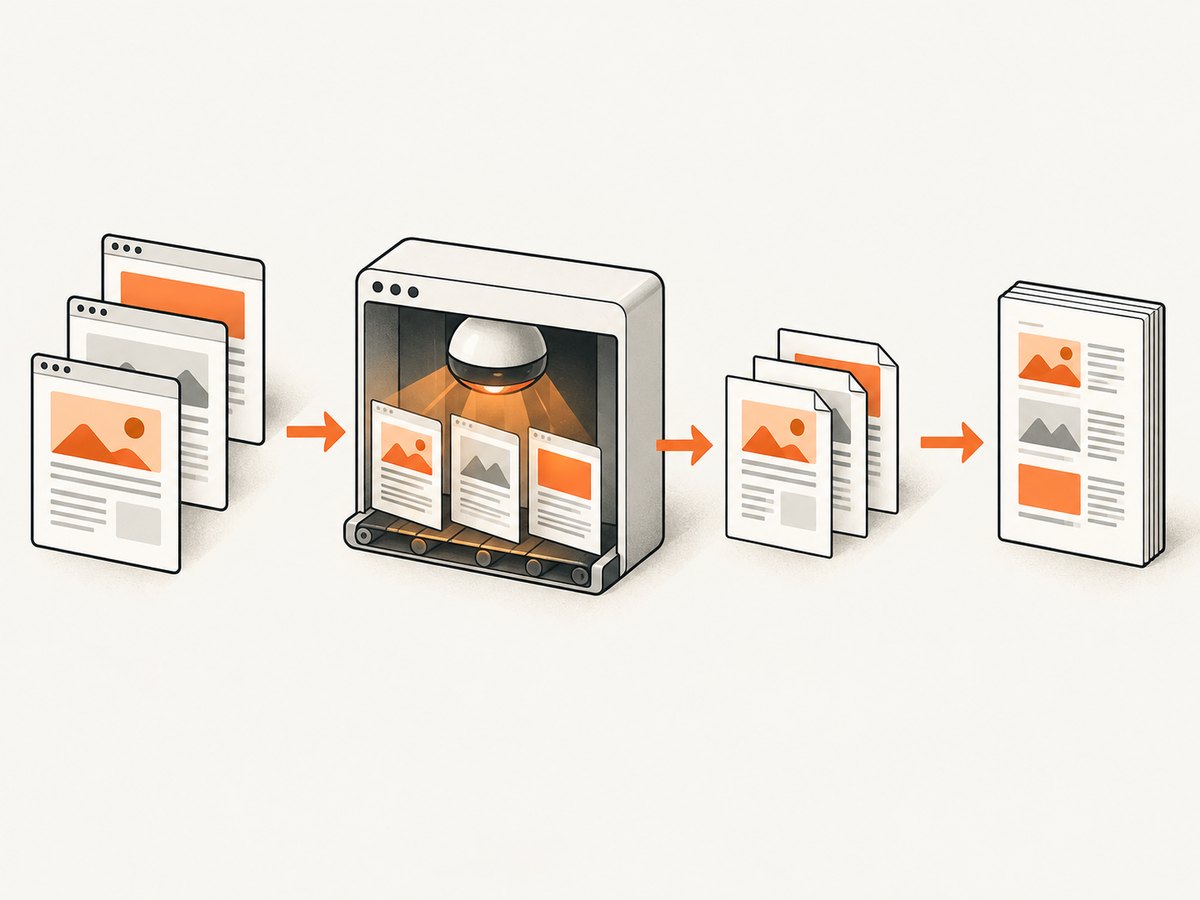 Puppeteer renders each document; PDF-lib copies the resulting pages into one destination file.