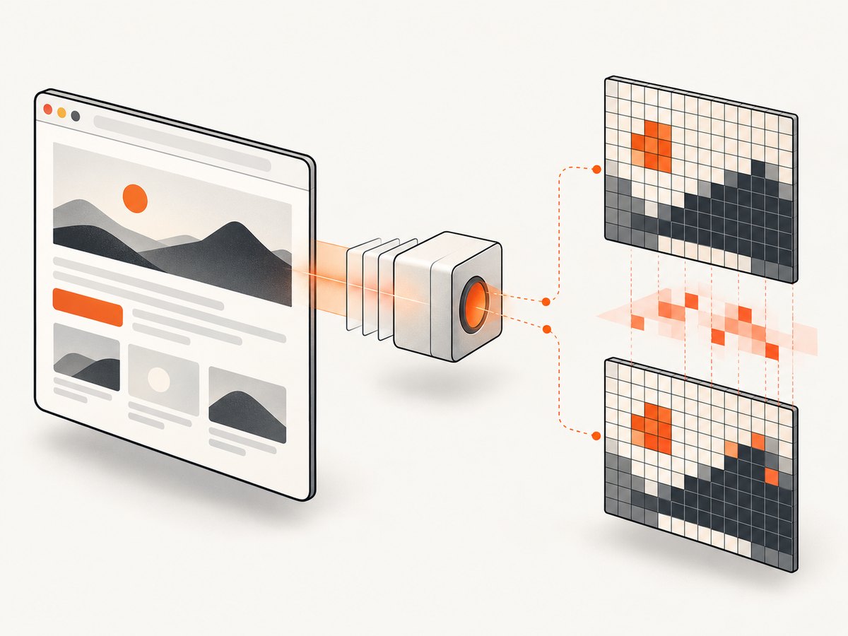 A screenshot assertion captures the rendered page and compares it with a reviewed baseline.