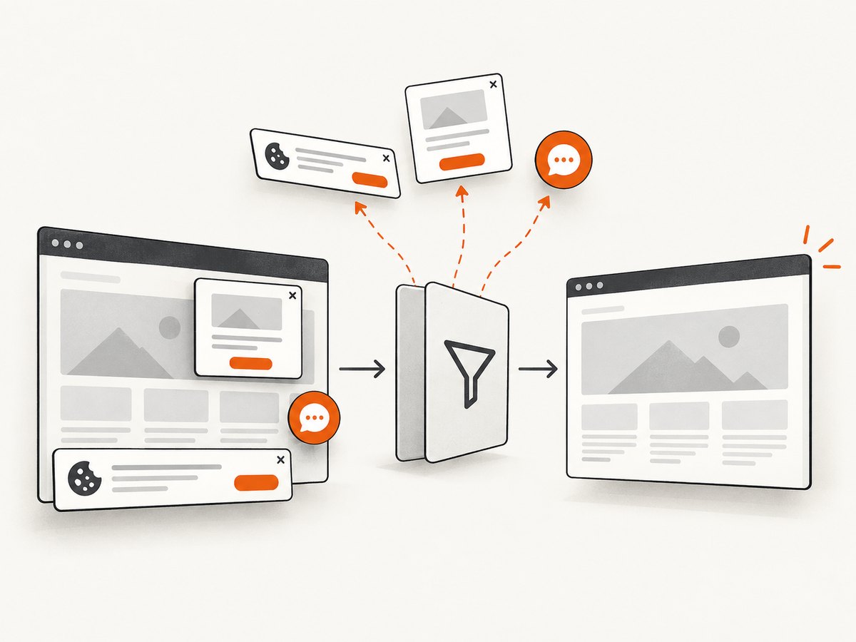 A capture pipeline can remove consent banners and overlays before returning the screenshot.