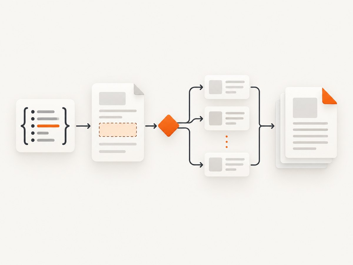 Conditions choose document blocks while loops repeat data-owned rows.
