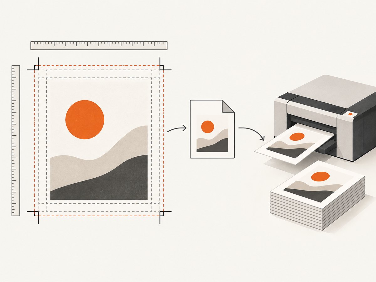 Canvas guides help users edit; PDF options such as bleed, crop marks, and color mode control print output.