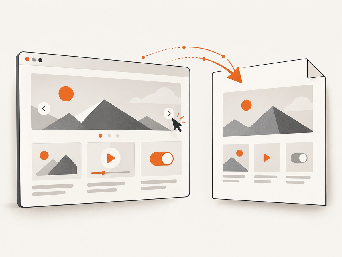 A PDF preserves a static view of a webpage, so inspect content that relies on animation or interaction.