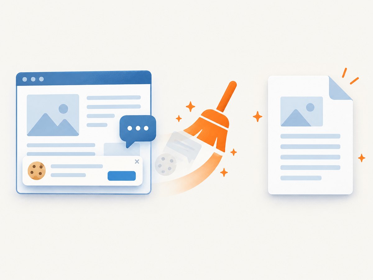 A clean capture removes consent banners and other overlays before producing the document.