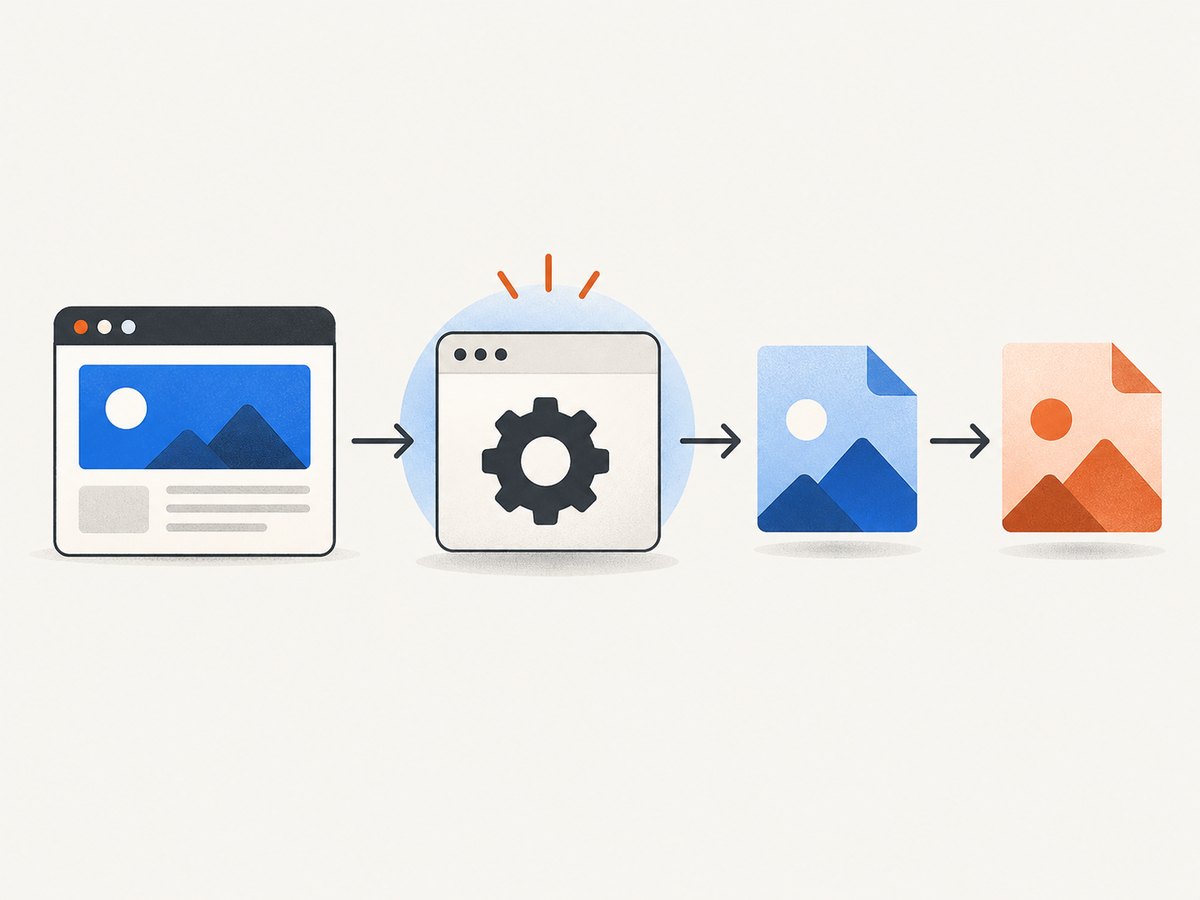 The conversion pipeline: render HTML, capture pixels, then encode the image as JPG.