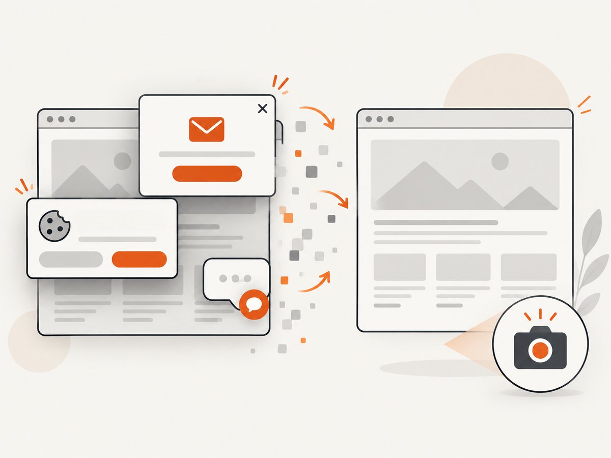 ScreenshotNeo removes known consent banners, newsletter popups, and chat widgets before capture.