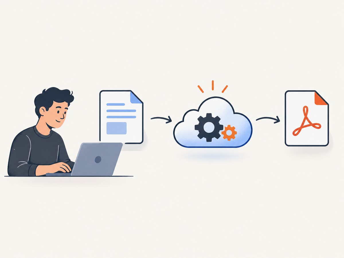 The conversion flow: upload or import a DOCX, request PDF output, then retrieve and validate the result.