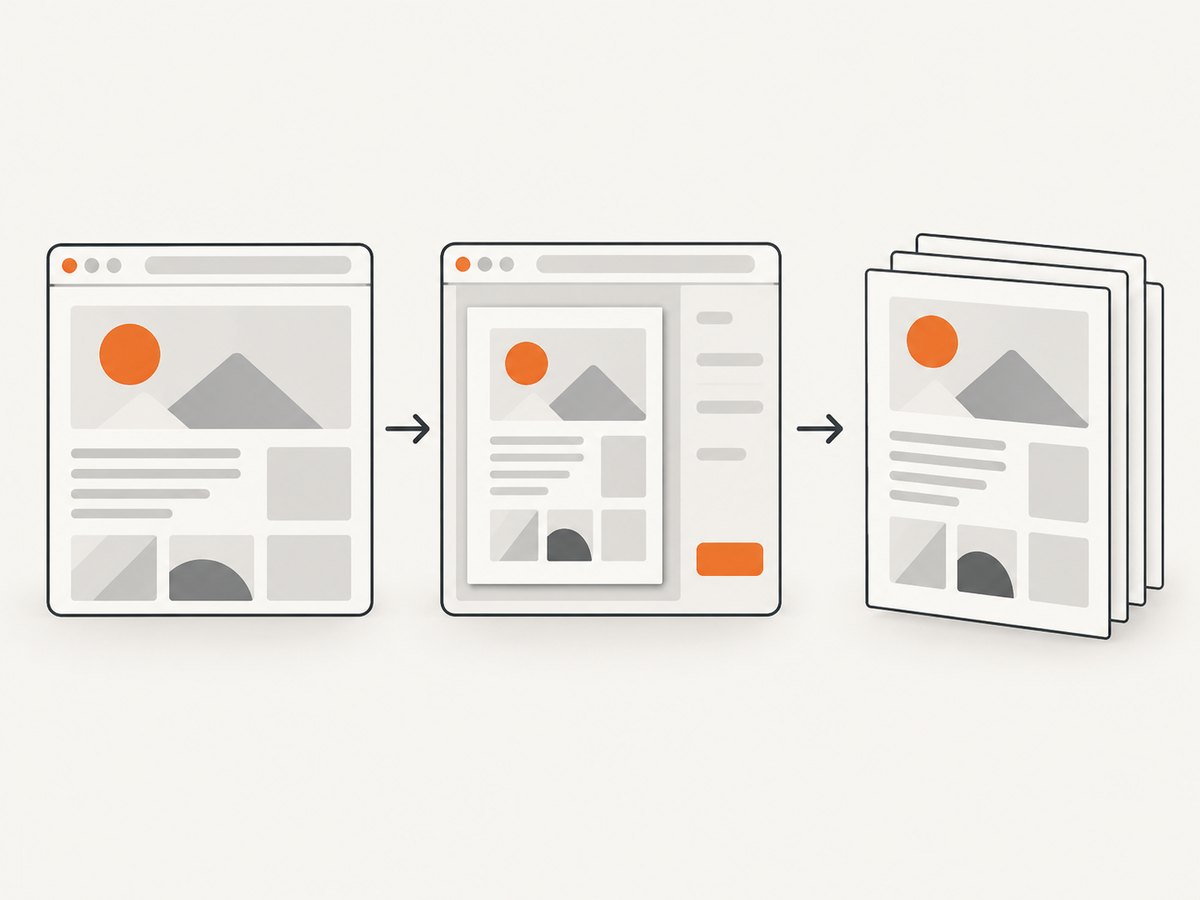 The browser print flow renders a loaded webpage into checked, paginated PDF pages.