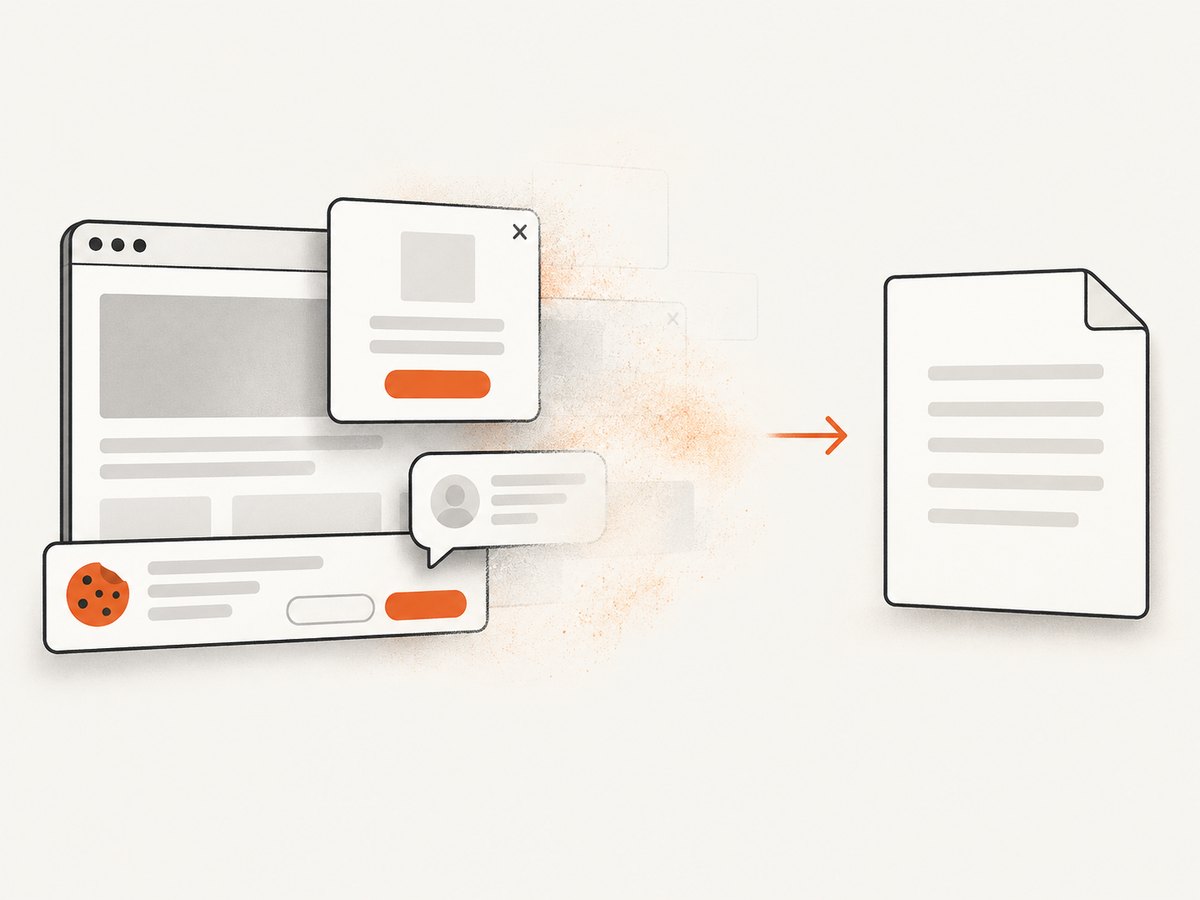 Automated capture can remove common consent and overlay elements before rendering.