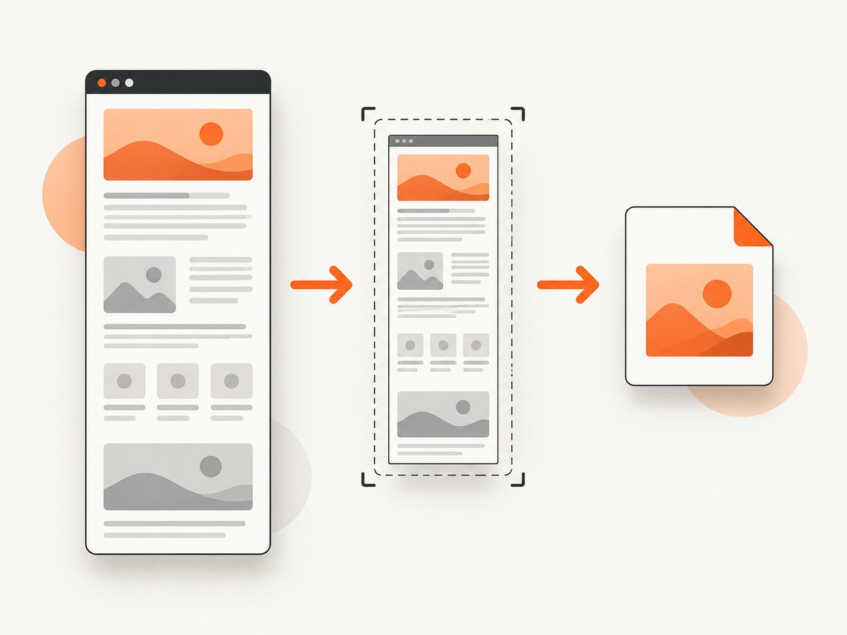 The capture flow: select the full page, save the image, then verify or export JPEG.