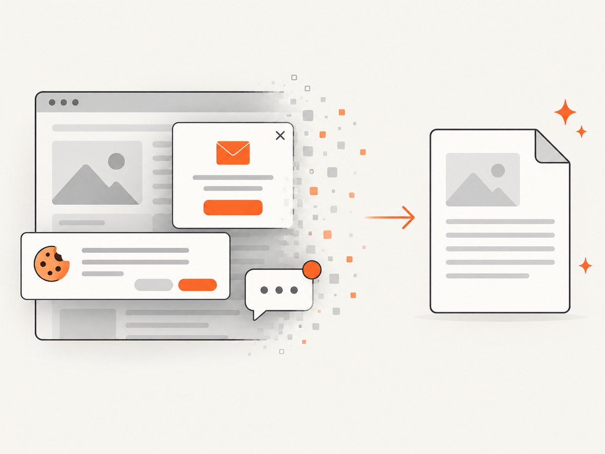 Automated capture can remove common consent banners and overlays before rendering.