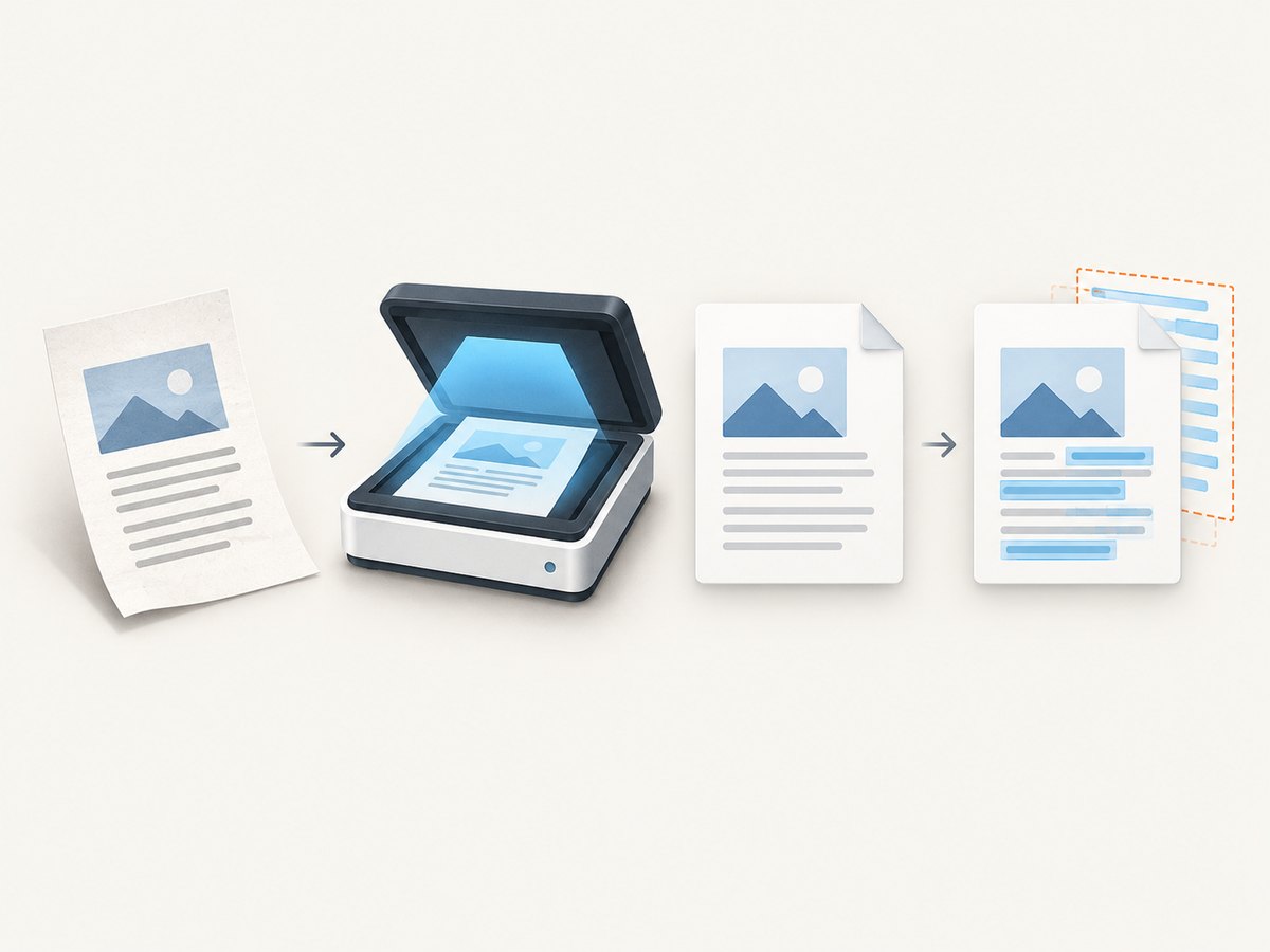 Scanning creates the PDF image; OCR adds searchable text.
