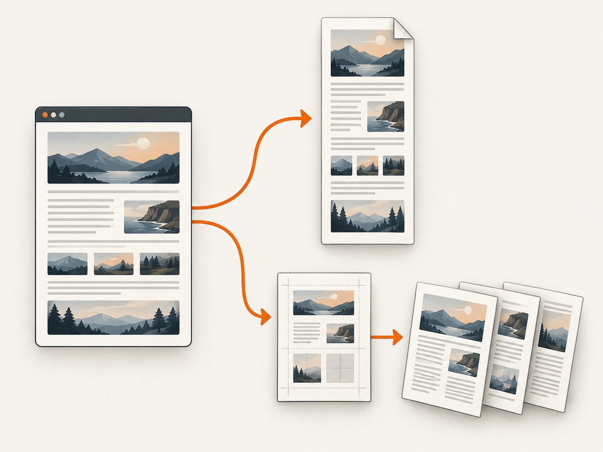 A screenshot PDF preserves pixels, while print-to-PDF creates a paginated document.