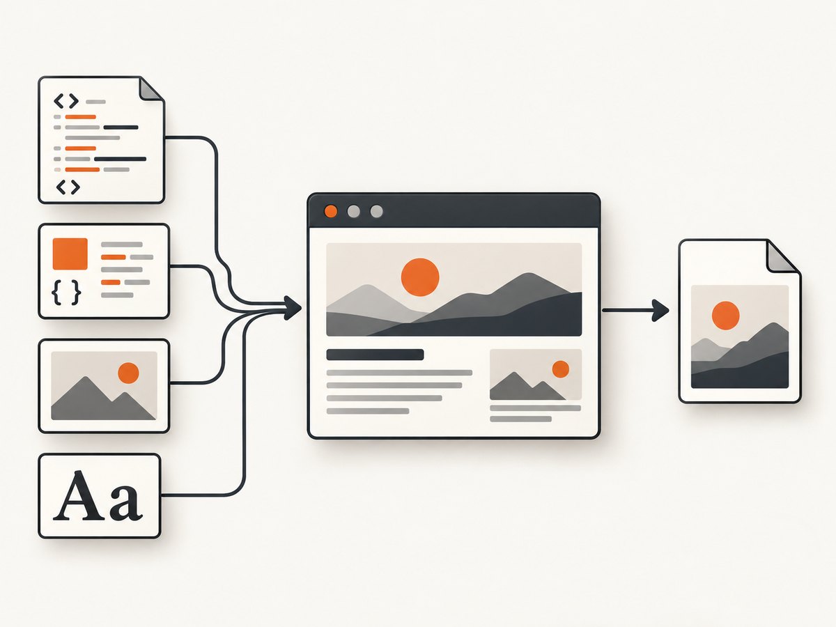 The browser resolves page assets and renders the document before the screenshot becomes a PNG.