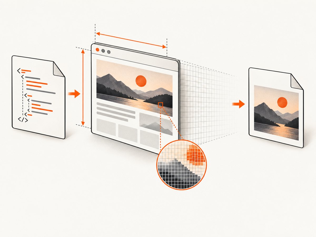 A browser renders the document before the screenshot encoder creates the JPG.