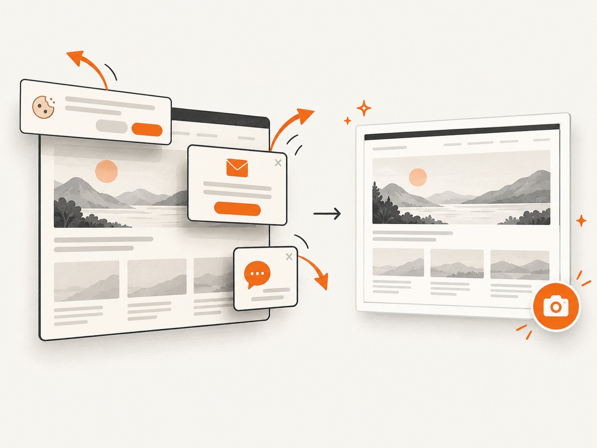 A clean capture removes common overlays before saving the page image.