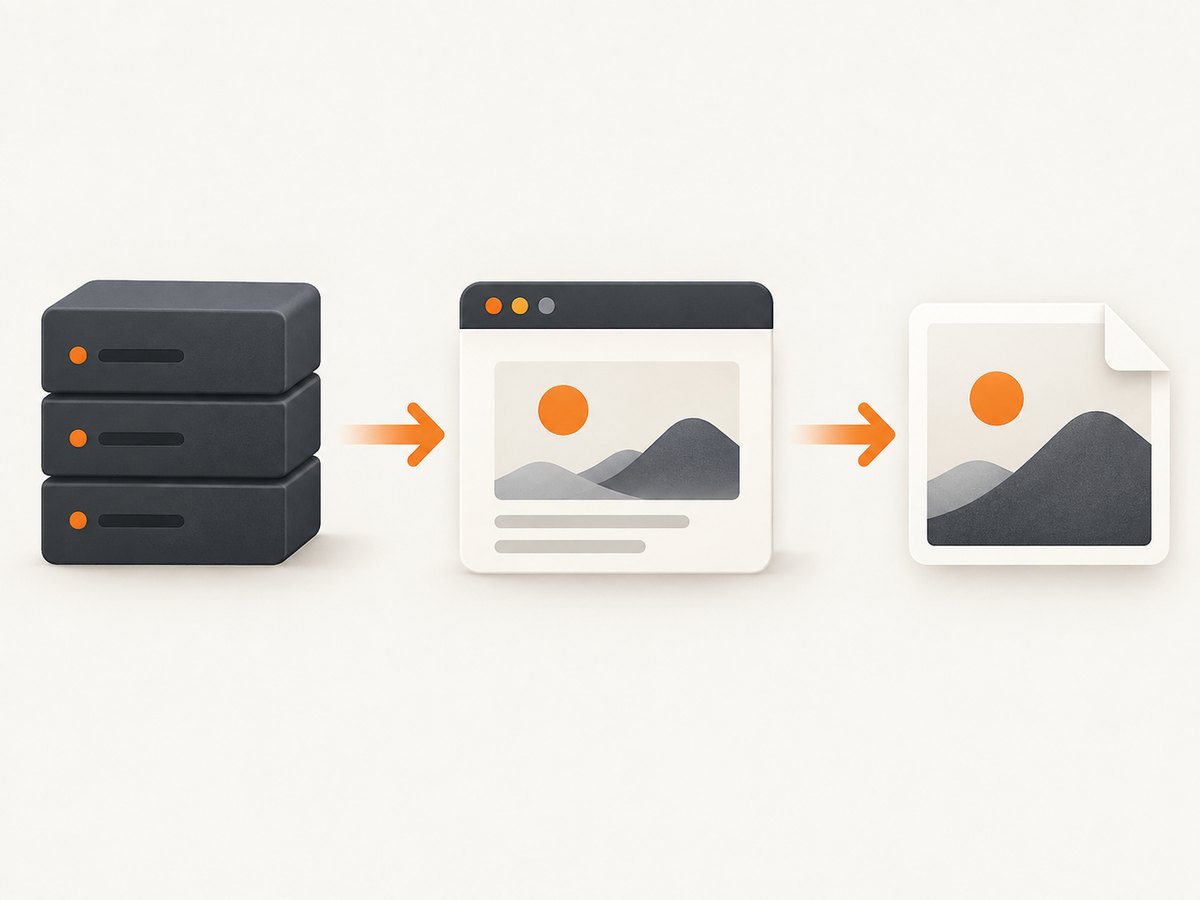 The pipeline separates HTML rendering, browser capture, and image delivery.