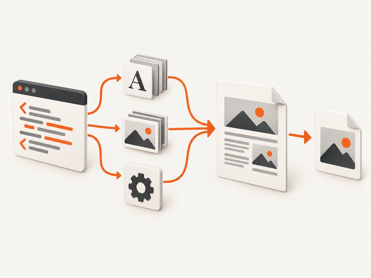 A browser lays out HTML and waits for its visual dependencies before exporting the A4 raster.