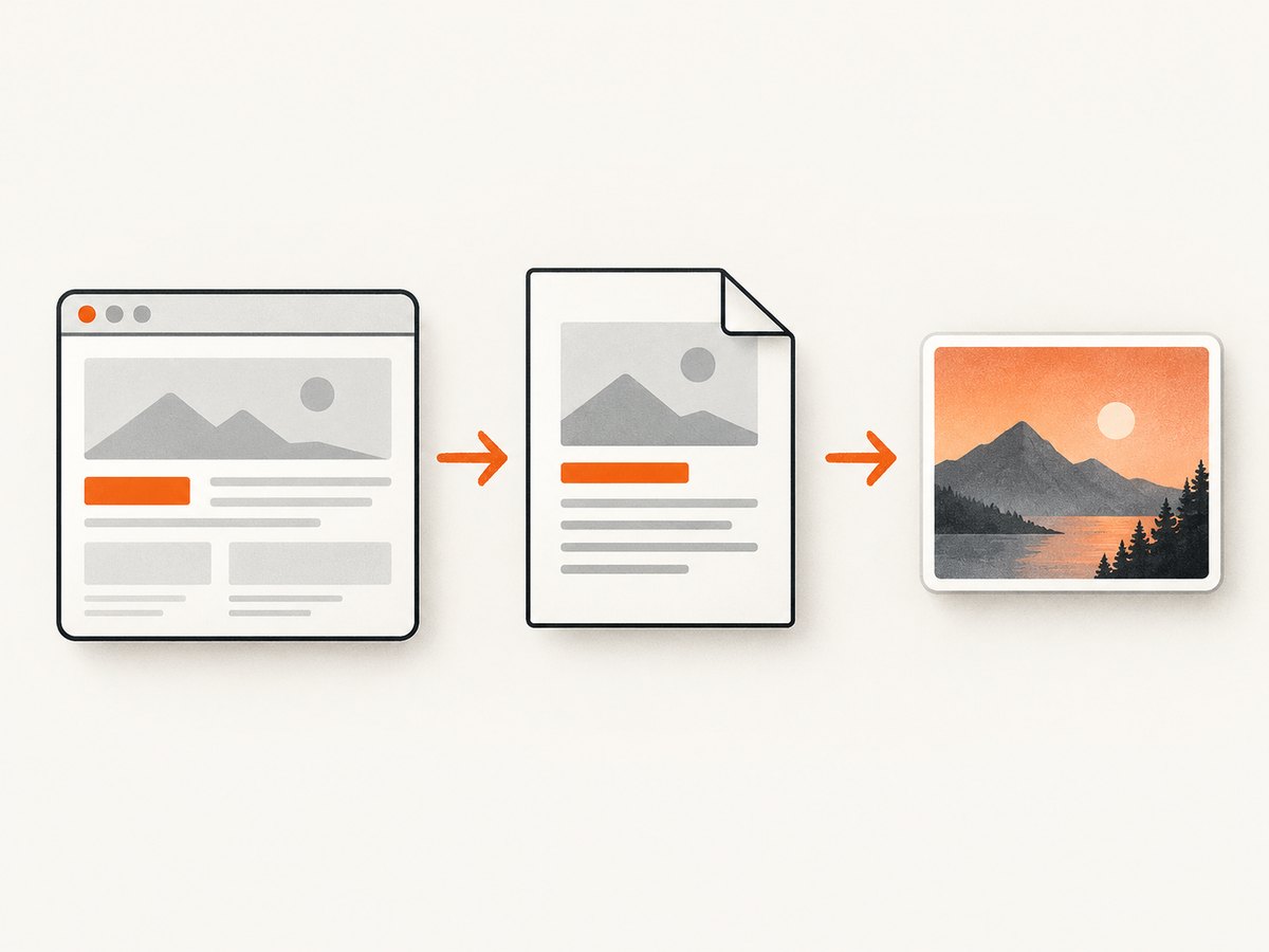 The browser renders HTML first; Preview exports a selected PDF page as a JPEG image.