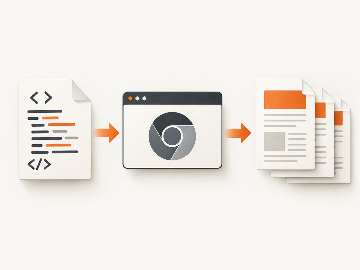 A browser-backed renderer preserves HTML, CSS and JavaScript before producing PDF pages.