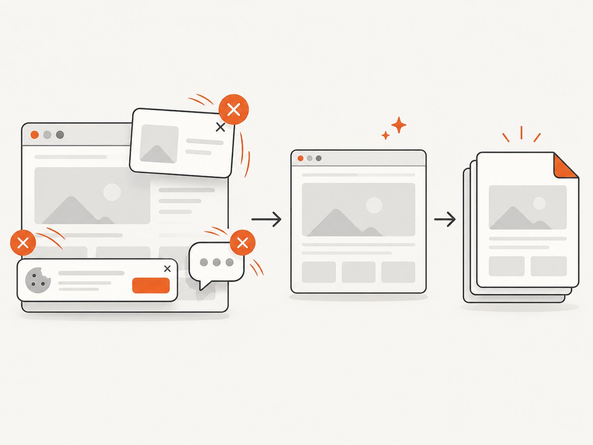 ScreenshotNeo removes common consent and overlay elements before capturing a live page.