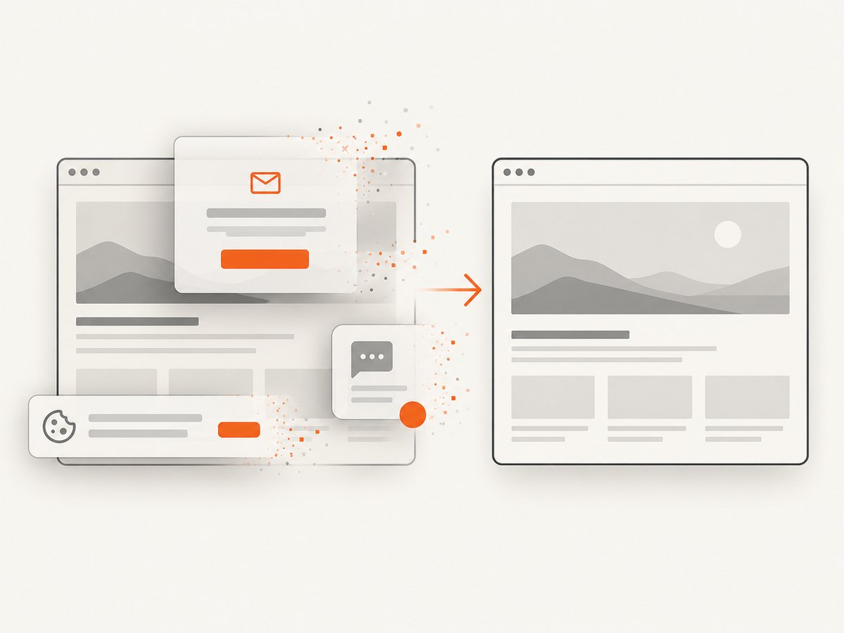 ScreenshotNeo removes supported consent banners, newsletter popups, and chat widgets before capture.