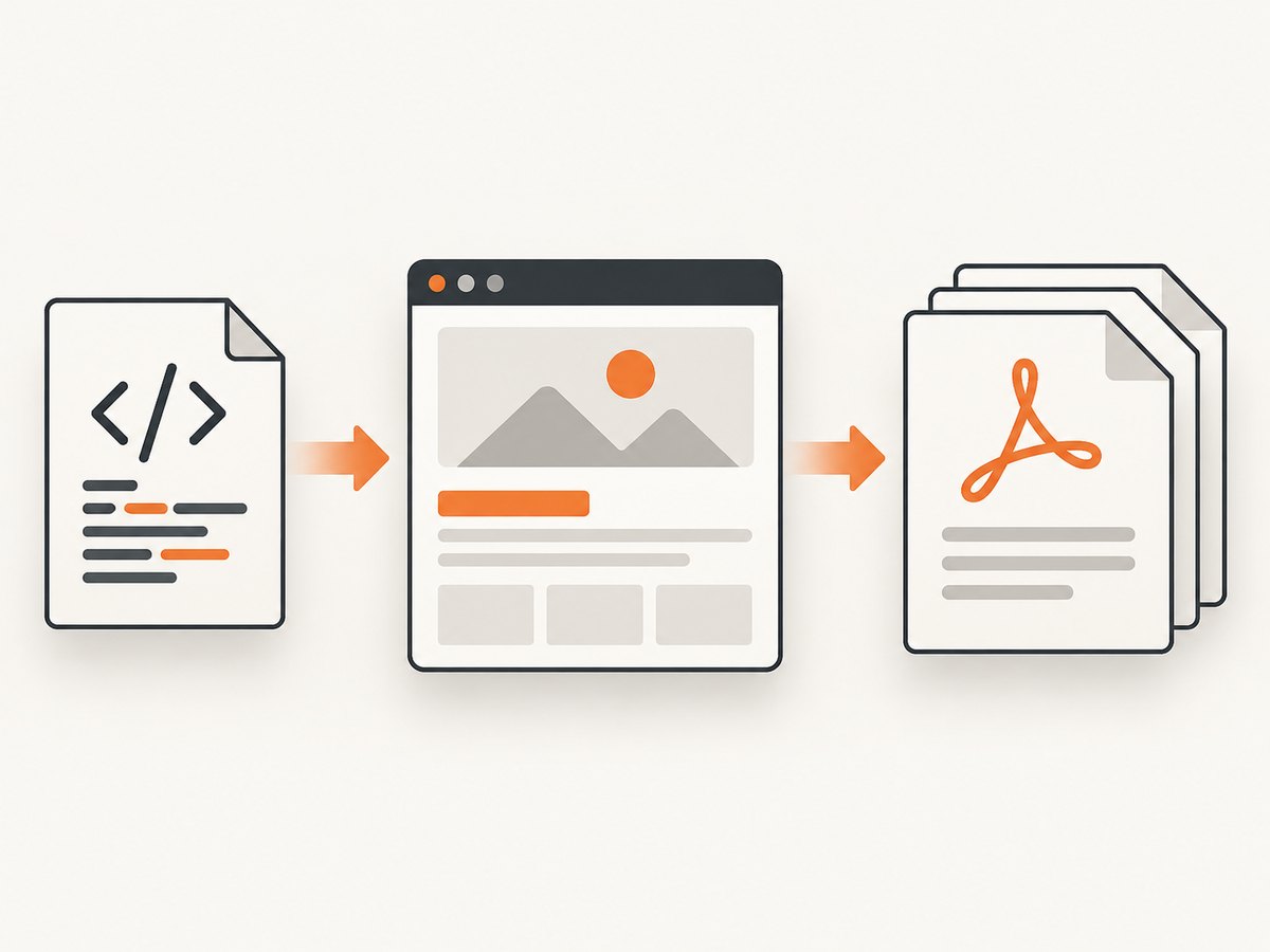 An HTML string passes through a renderer and becomes a paginated PDF.