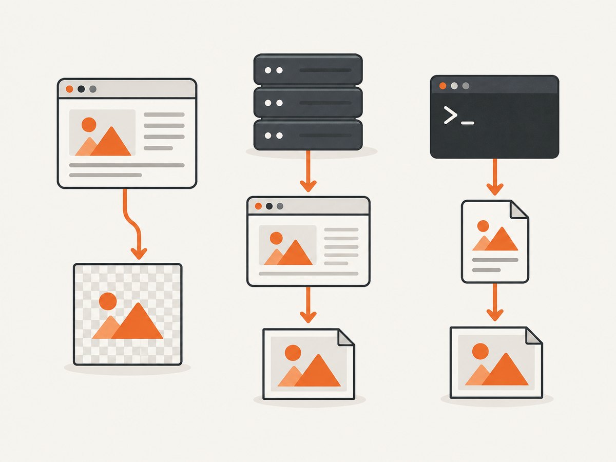 Three ways to turn HTML into a JPG: browser DOM capture, a real browser on a server, or a command-line renderer.