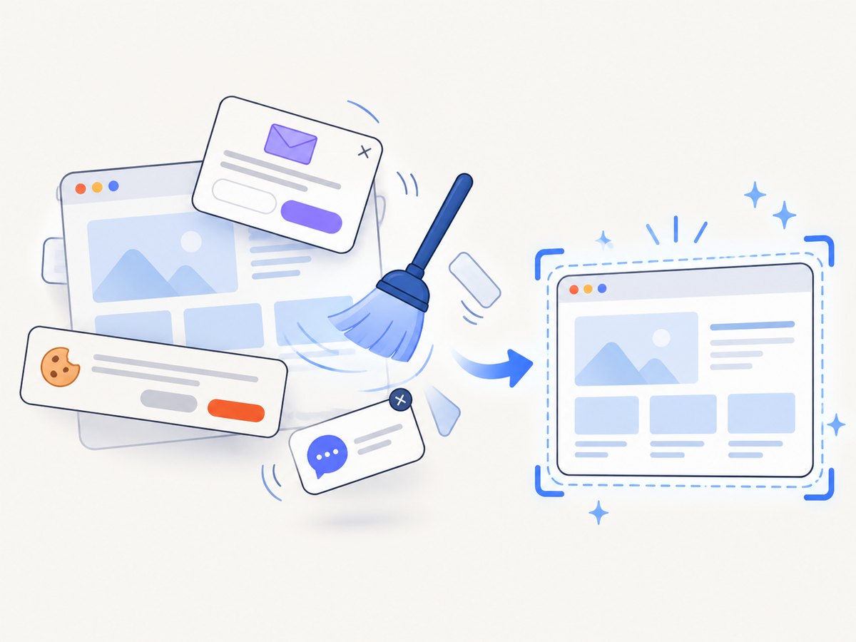 A capture pipeline can remove obstructing consent and popup elements before returning a clean shot.