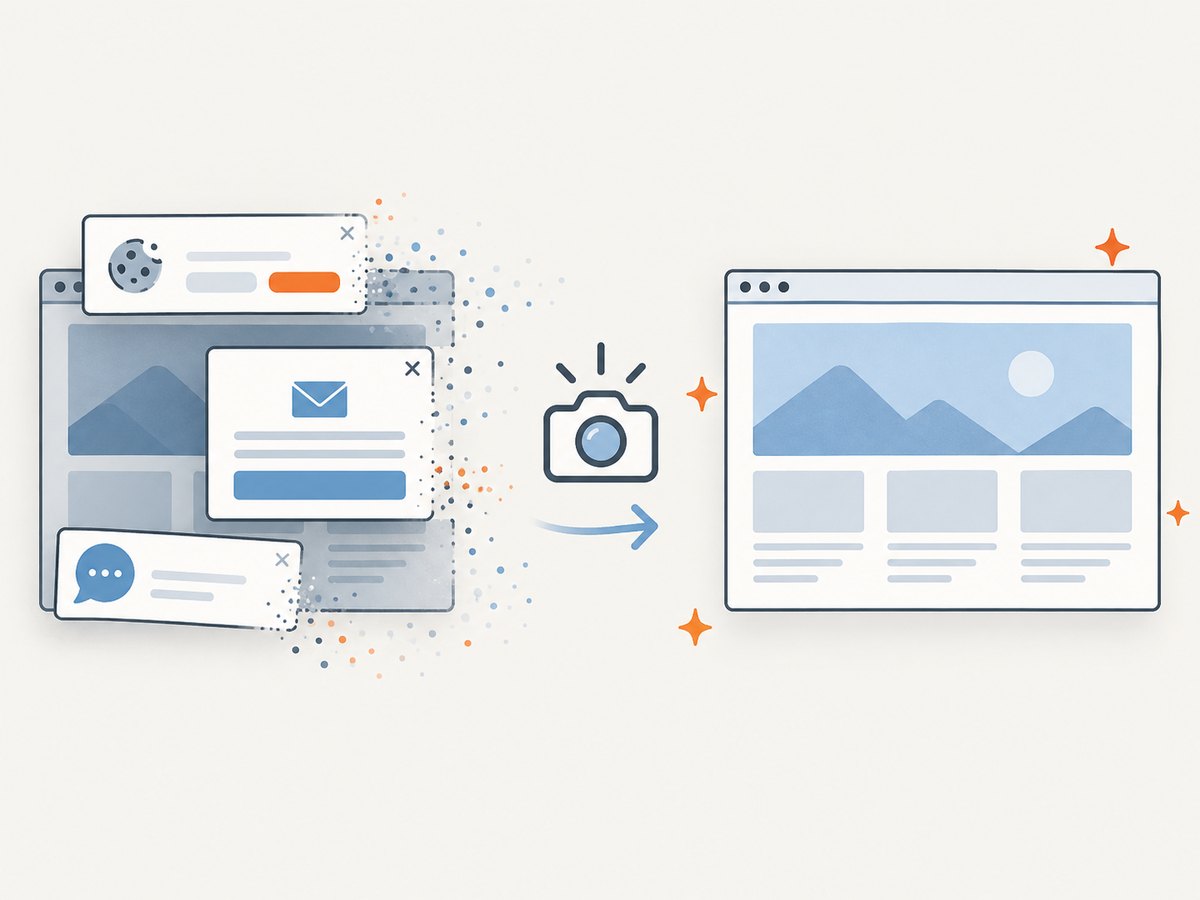 A hosted screenshot workflow can remove obstructing consent banners, popups, and chat widgets before capture.