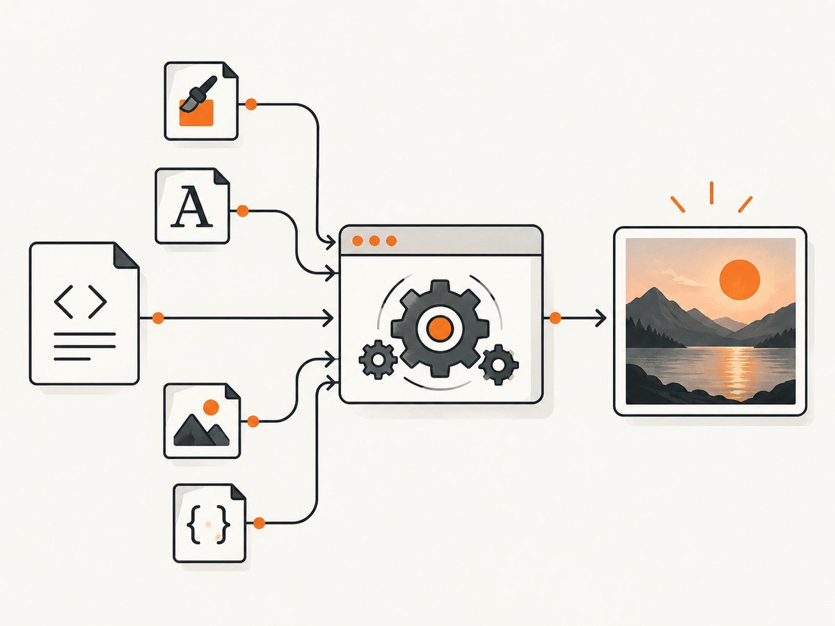 A browser resolves HTML, CSS, fonts, images, and JavaScript before the screenshot becomes a JPG.