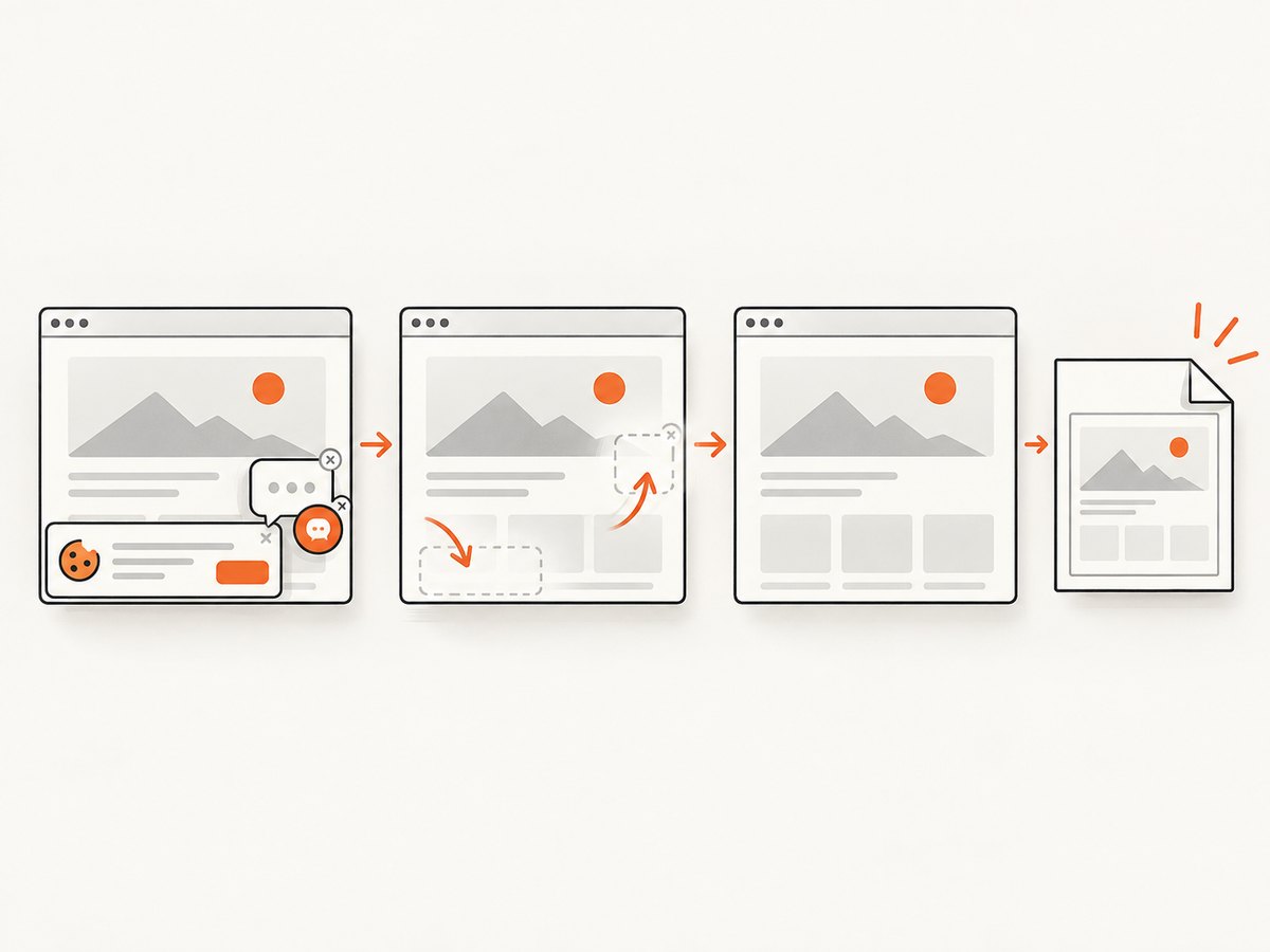 ScreenshotNeo removes supported consent banners, popups, and chat widgets before capturing a public page.