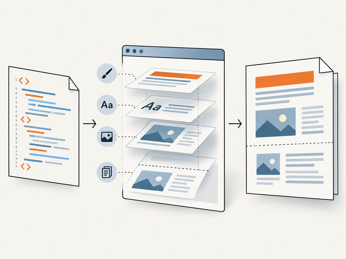 The conversion pipeline: load HTML, render it in Chromium, then export with PDF settings.