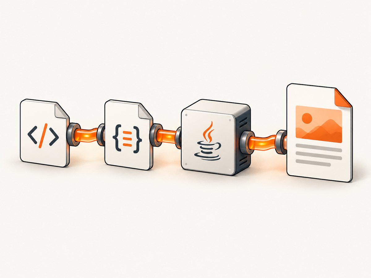 The pdfHTML conversion path: HTML and CSS enter Java, then produce a paginated PDF.