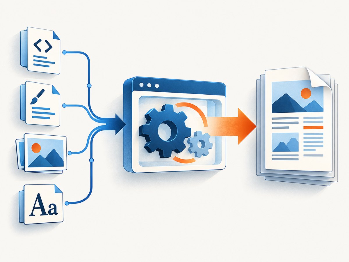 HTML, styles, and assets pass through a renderer before becoming a PDF.