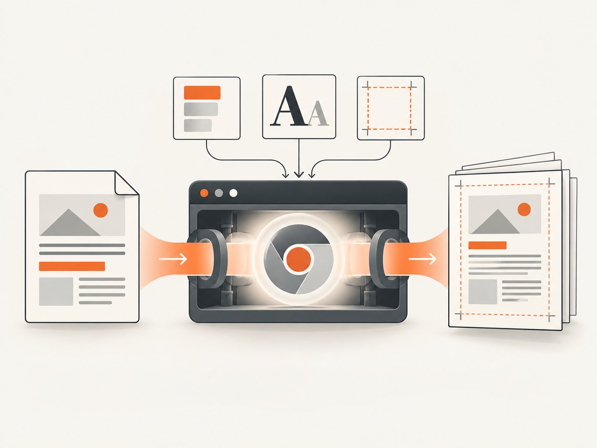 A browser engine renders HTML, styles, and assets before laying the result onto PDF pages.