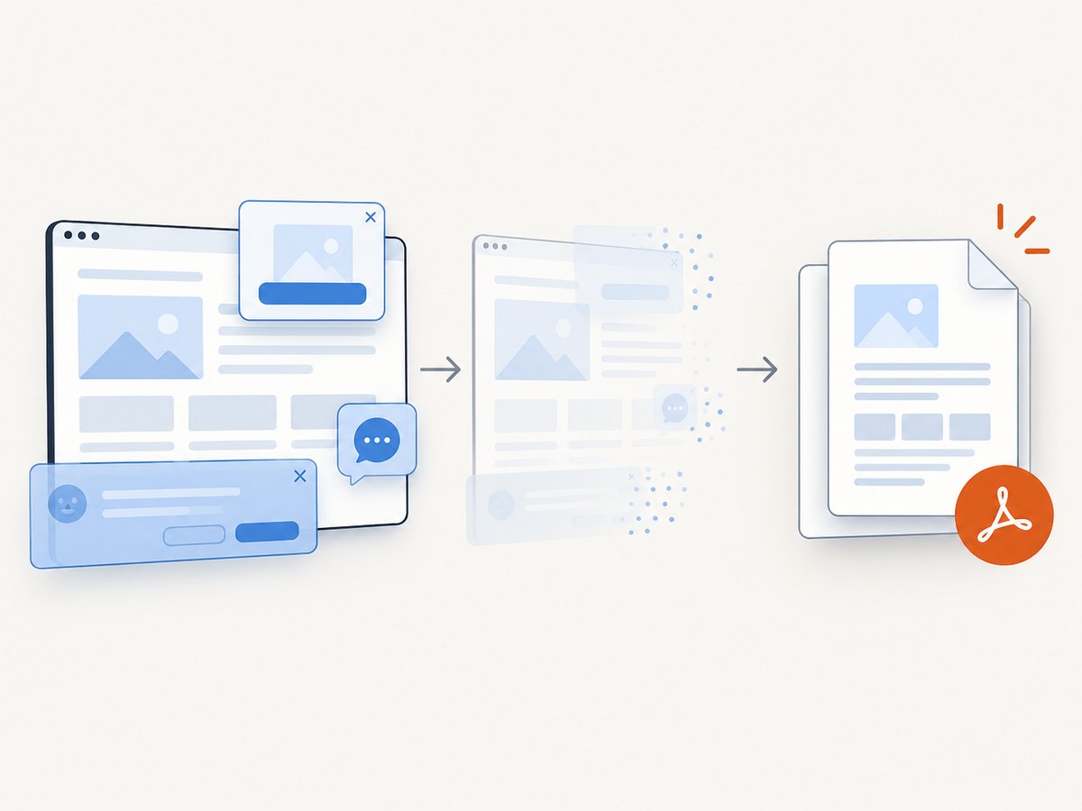 Automated capture can remove common overlays before rendering the final PDF.