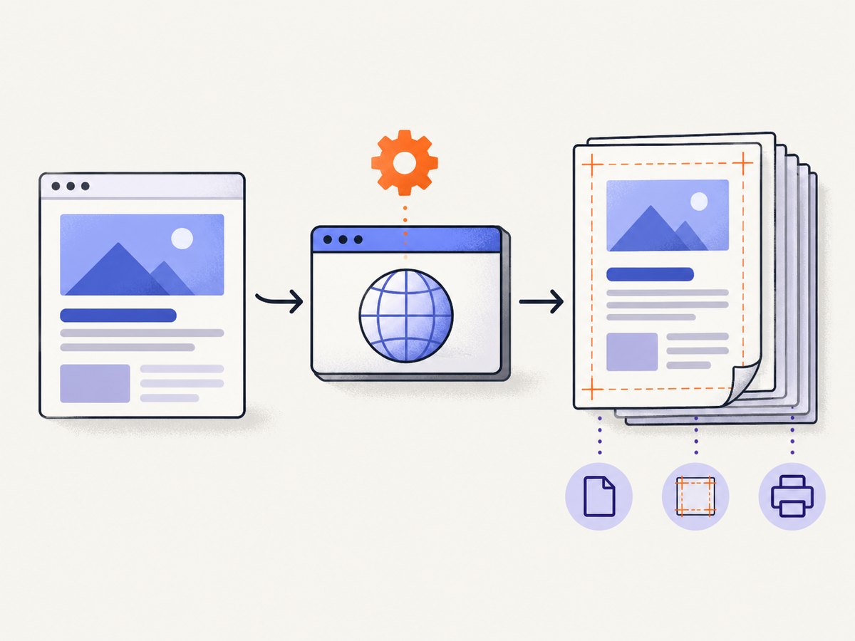 The conversion pipeline: load HTML, apply print rules, and encode the rendered page as a PDF.