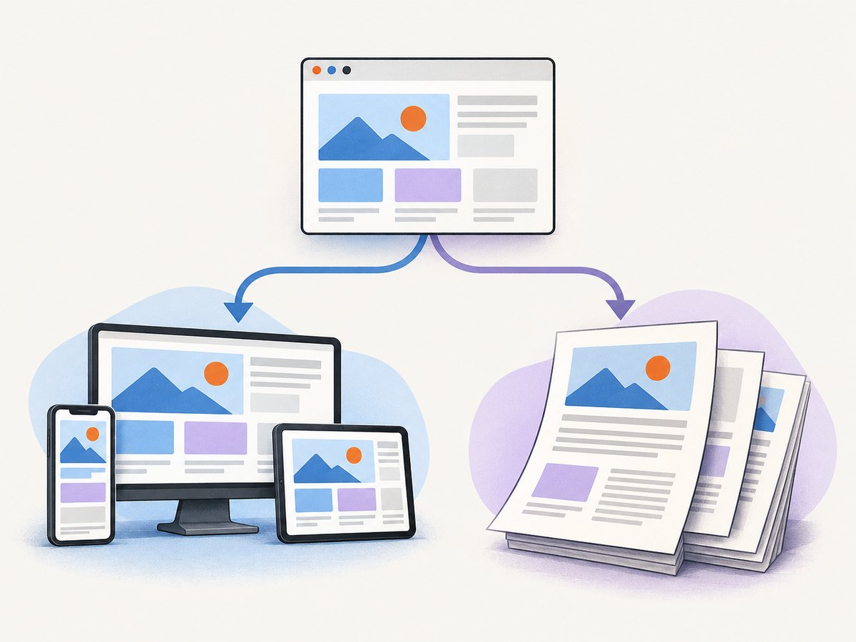 Puppeteer uses print CSS by default; screen CSS requires explicit media emulation.