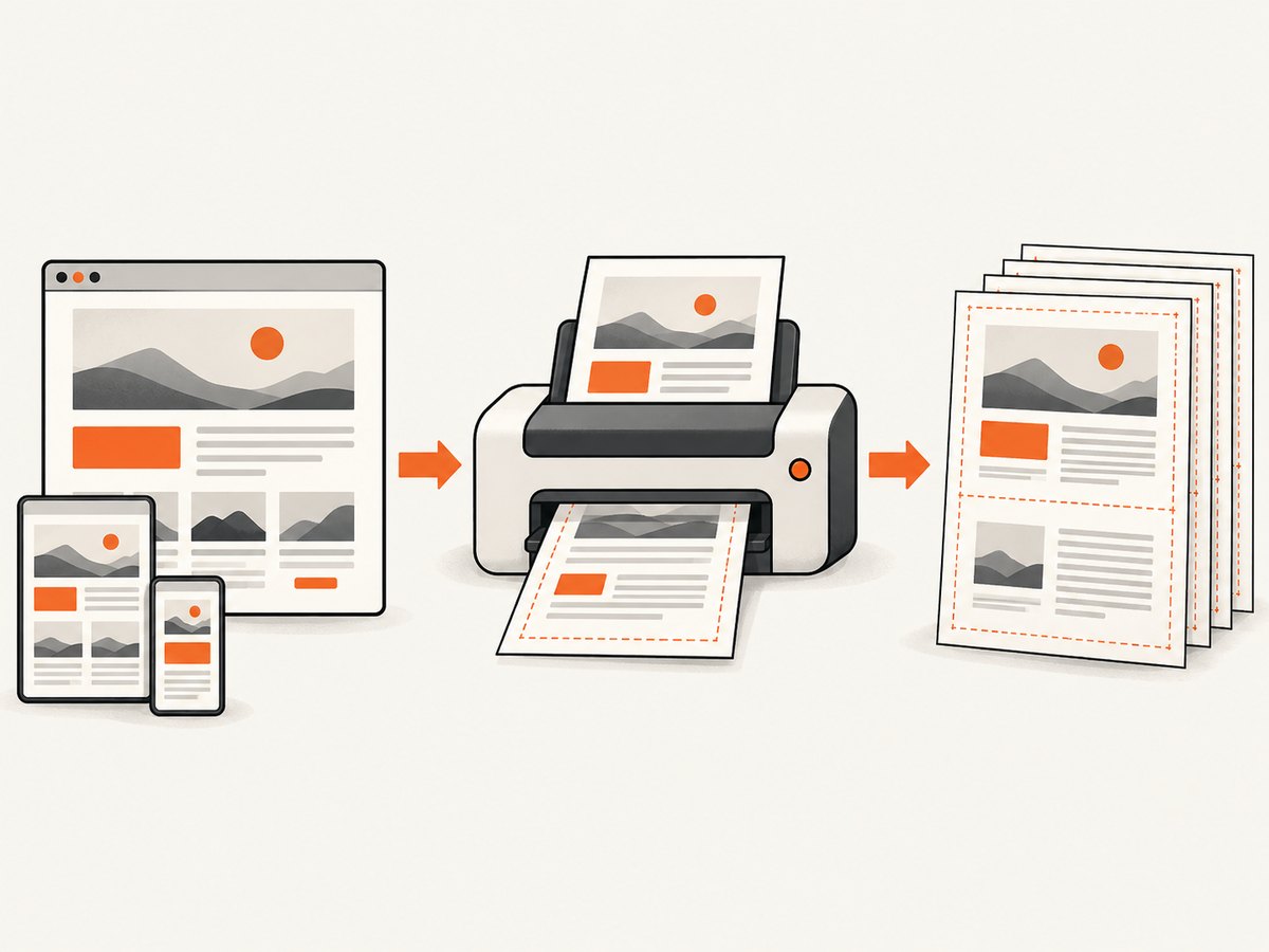Browser print turns a responsive page into fixed sheets, so preview the page breaks and scale before saving.