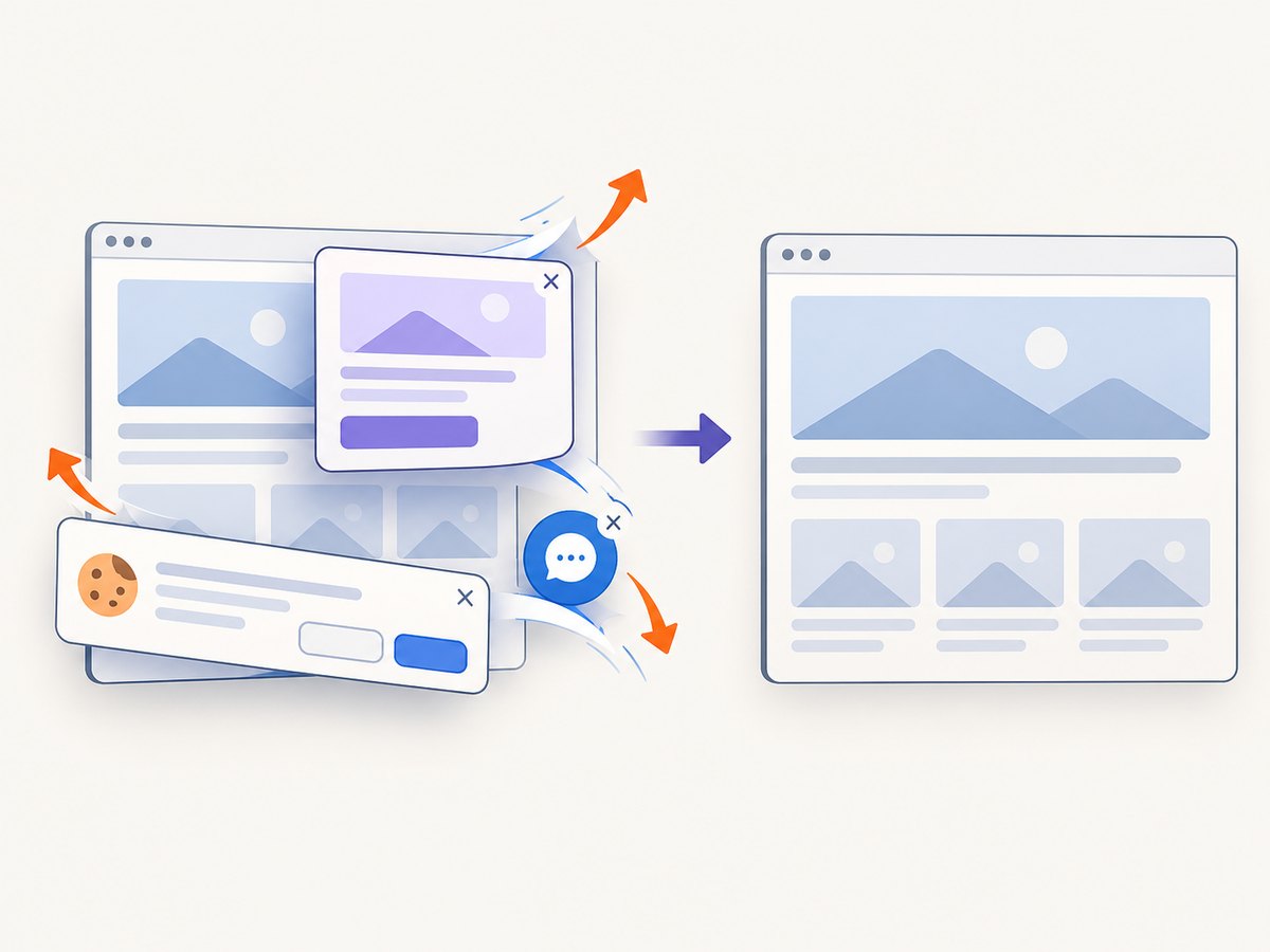 A clean capture pipeline removes consent banners and overlays before rendering.